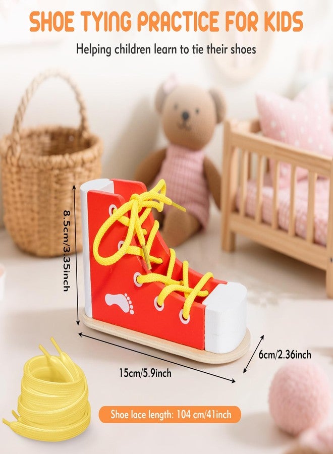 FLATRI Shoe Tying Practice for Kids, Red Shoe Tie Practice for Kids Threading Lacing Shoes Training, Wooden Learn to Tie Shoes Basic-Life-Skills - Image 2